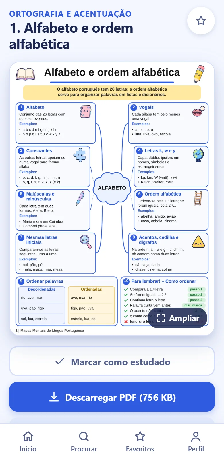 Mapa aberto no telemóvel, com os botões Marcar como estudado e Descarregar PDF