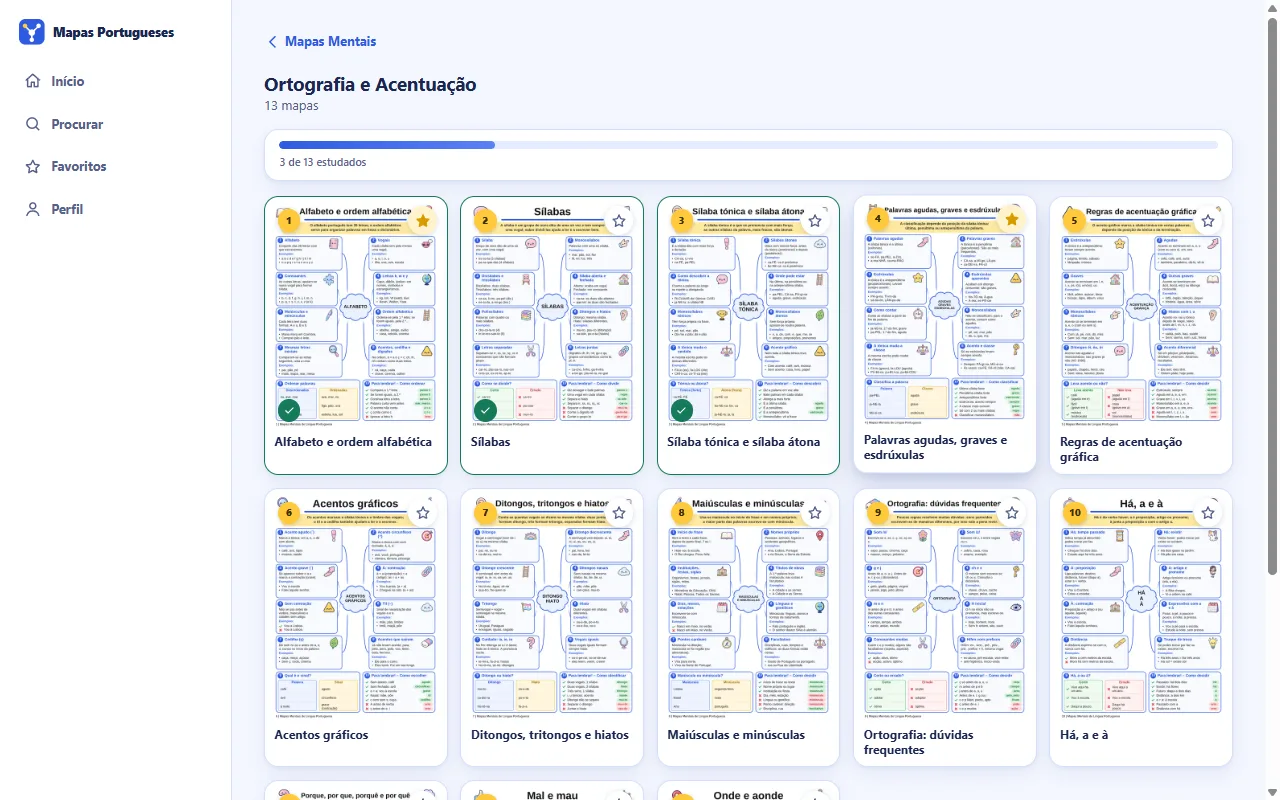 Área de membros no computador: lista dos mapas do módulo Ortografia e Acentuação